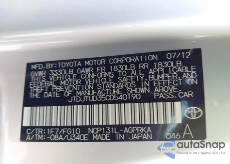 2012 Toyota Yaris Le из США, поврежденный, VIN JTDJTUD35CD540190